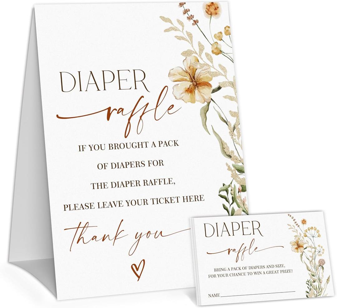 Boho Floral Diaper Raffle Sign, Diaper Raffle Tickets for Baby Shower, 1 Standing Sign & 50 Tickets, Gender Neutral Tickets for Baby Shower Party Favor Decorations Supplies