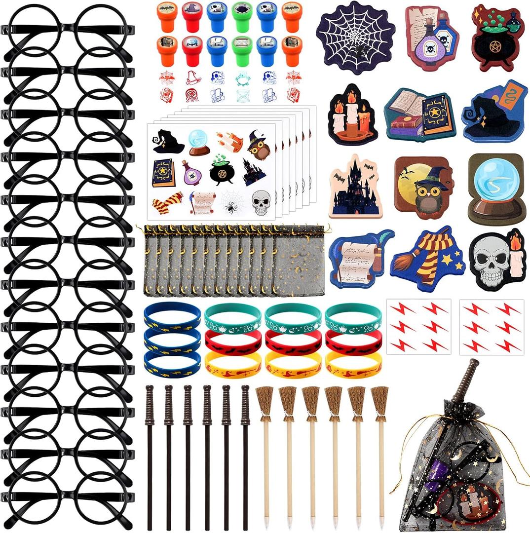96Pcs Wizard Party Favors Bulk Birthday Decorations Gifts with Wand Pencils Mini Notebook Glasses Stamp Sticker Bracelet Gift Bag for Kids Wizard Magical Goodie Bag Stuffer Classroom Prize Supplies