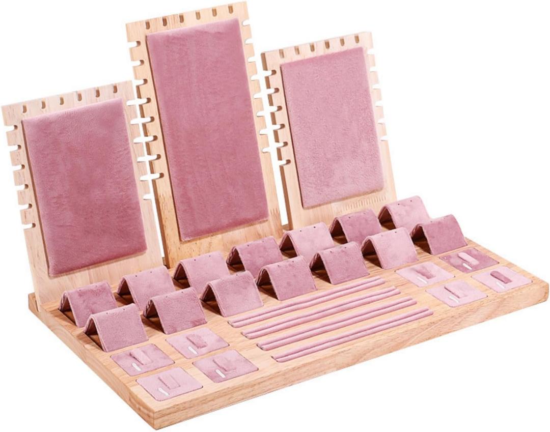 Wooden Jewelry Display Stand Set Pendant Necklace Display Holder Ring Earrings Bracelet Tabletop Storage Organizer Stand Set Combination for Show (Pink)