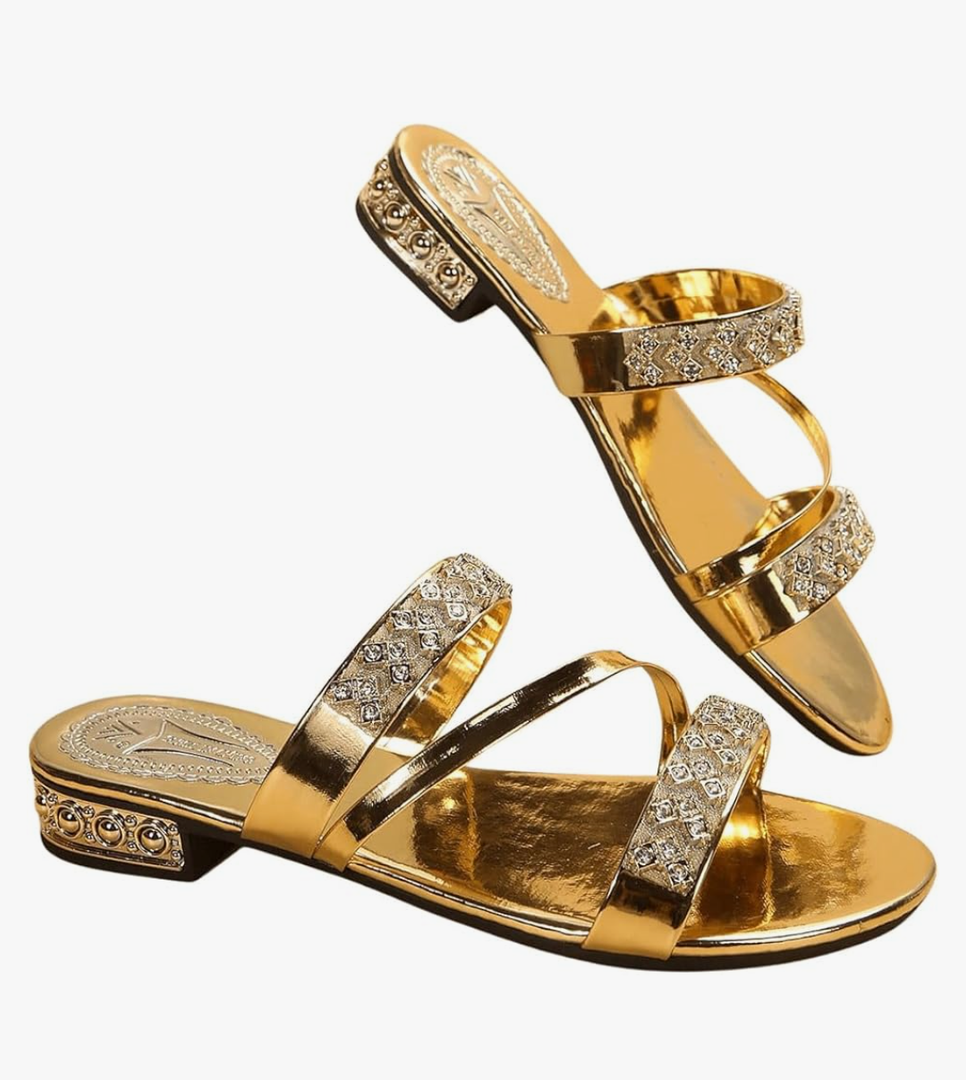 GORGLITTER Women's Gold Strappy Wedge Sandals 2025 Dressy Summer Sparkly Shoes, 38