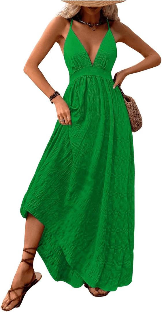 MakeMeChic Women's Summer Backless Dress Vacation Maxi Sundress Boho Floral Print V Neck Flare Cami Dress (X-Small, Mint Green)