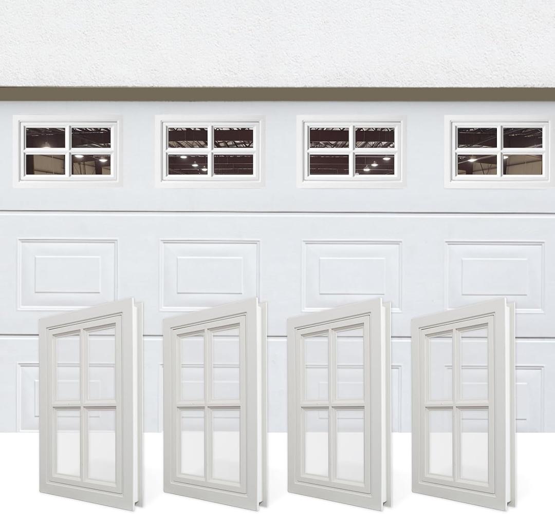 NeatiEase 4 Pcs Garage Door Windows, Replacement Vinyl Windows Inserts Kit with UV Resistant Resin Glass for Exterior Garage Doors (Cross Design)