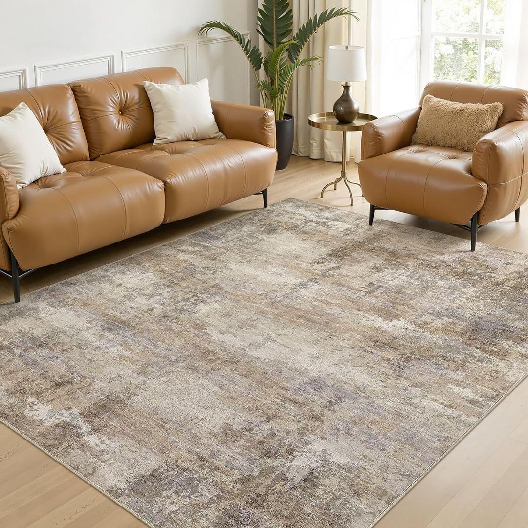 5x7 Washable Area Rugs for Living Room, Non Slip Soft Large Rugs for Bedroom Dining Room, Modern Abstract Low Pile Stain Resistant Carpet for Laundry Office Home Decor - Dark Brown