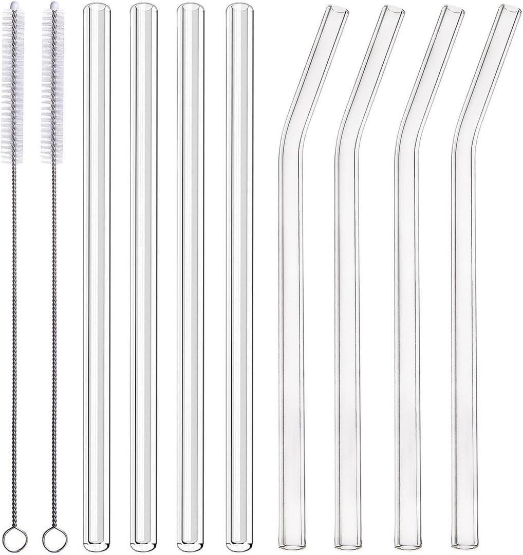ALINK Glass Smoothie Straws, 10" x 10 mm Long Reusable Clear Drinking Straws, Pack of 8 with 2 Cleaning Brushes