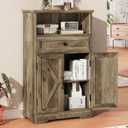 Floor Cabinet, Farmhouse Storage Cabinet with Barn Doors and Drawer, Freestanding Adjustable Shelf Organizer for Bathroom, Kitchen, Living Room Grey