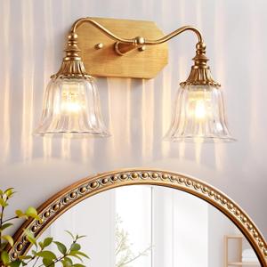 Bathroom Vanity Gold Light Fixture, 2 Lights Bathroom Lighting Matte Antique Brass Finish with Crystal Glass Shade, Gold Vintage Vanity Light for Bathrooms