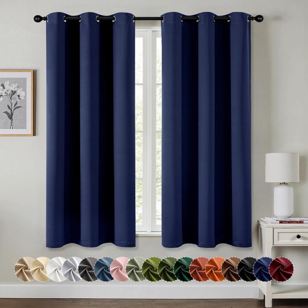 MIULEE Navy Blue Blackout Curtains for Bedroom Living Room 63 Inches Long 2 Panels, Thermal Insulated Room Darkening Drapes Solid Grommet Noise Reducing Light Blocking Window Treatments 40x63 Inch