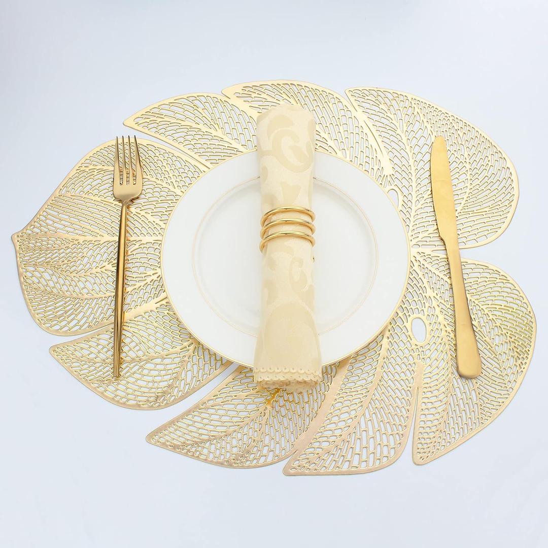 Evevda Gold Leaf Shaped Vinyl Placemats for Dinner Table Set of 8 Metallic Plastic Gold Place Mats Wipeable 8Pcs Table Mats for Wedding Annersary Dinner Table Decoration Mats