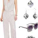 Gold 70s Disco Costume: Women's Sequin Backless Halter Neck Jumpsuit with Disco Ball Accessories (X-Large)