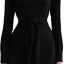 MsavigVice Women Black Work Dresses Long Sleeves Prom Bodycon Ruffle Church Pencil Midi Dress for Women S