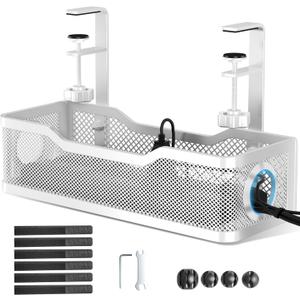 Cable Management Under Desk Tray, No Drill Cable Management Box with Clamp for Wire Organization, Cord Organizer for Office, Home - No Damage to Desk (White)