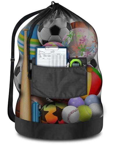 Heavy Duty Soccer Ball Net Bag(100L Extra Large Capacity 10-12Balls), Drawstring Mesh Ball Bag with Zipper Pocket, Sports Equipment Storage Organizer Hold for Gym, Beach, Cloth, Swimming Gears