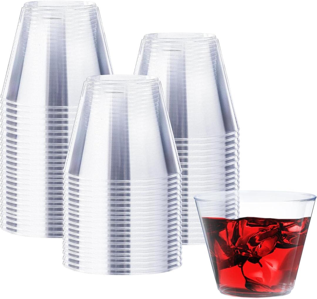 9 oz Clear Plastic Cups, 100 Pack Disposable Fancy Cup for Wedding, Cocktail Cups 9 Ounce, Bulk Clear Plastic Tumblers for Iced Coffee, Cold Beverage