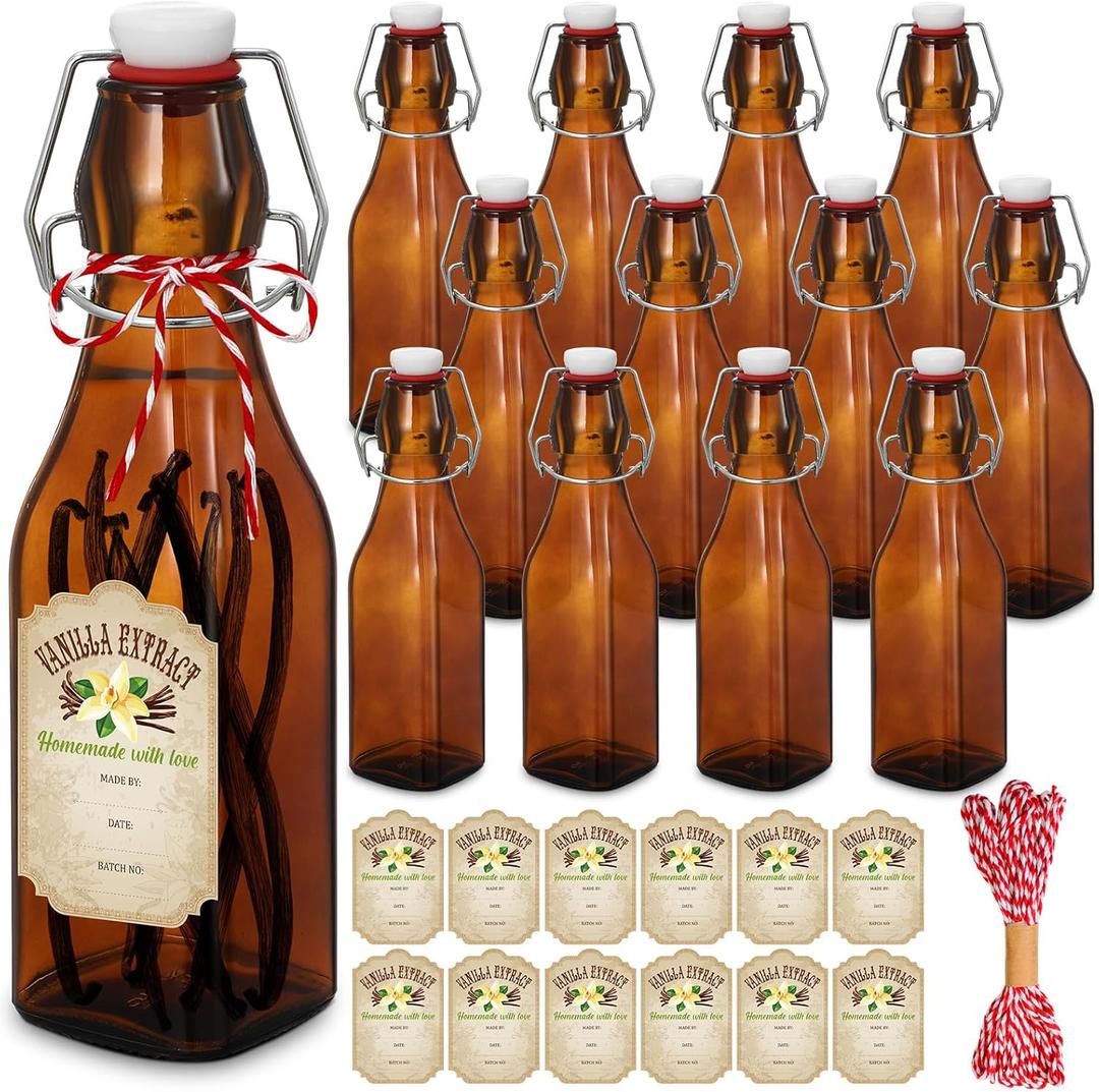 Uiifan 12 Pcs 8 oz Swing Top brown Square Glass Bottles for Vanilla Extract with Caps and Cotton Twines Label Flip Top Glass Bottle for Home Vanilla Brew Oil Beer Tea Supply