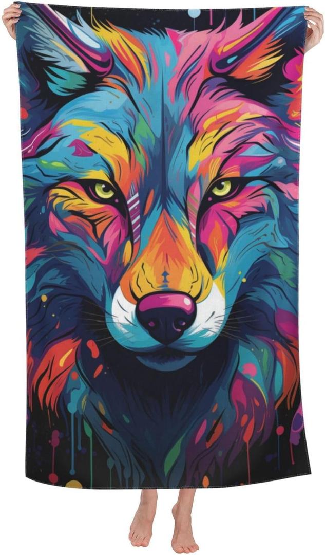 Beach Towel Colorful Wolf Theme Sand-Free Microfiber 52x32 Inches Absorbent Quick Dry Pool Bath Towel for Adults Kids Outdoor Swimming