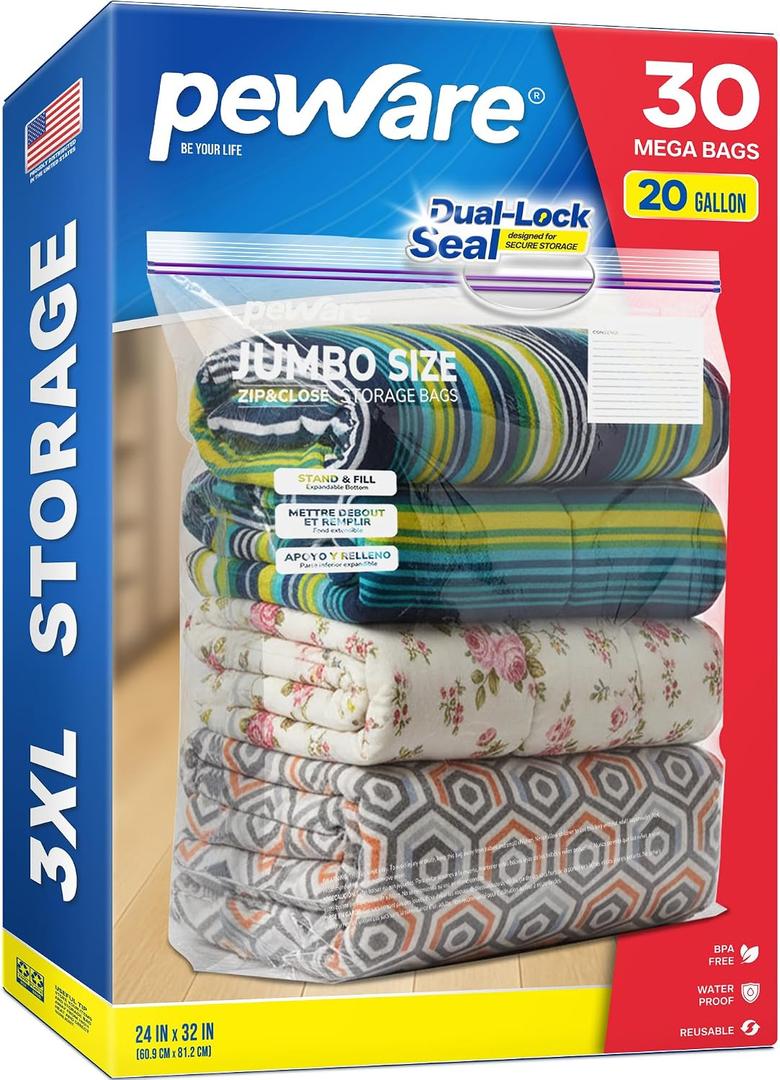 Large Storage Bags, 24"x32" Jumbo Plastic Bag, BPA Free, 20 Gallon 3XL Zipper Lock Baggies for Clothes Pillow Travel Moving - 30 Mega Bags