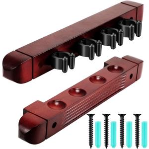 Hanaive 2 Piece 4 Pool Cues Wood Wall Rack with Clips Wall Mounted Hardwood Billiard Pool Cue Rack Finish Hardwood Cue Sticks Rack Billiard Stick Wall Rack with 4 Cue Clips for Billiard