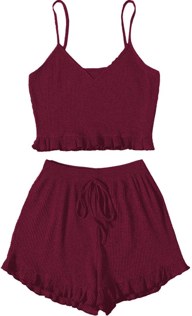 Avanova Women Sexy 2 Piece Pajama Set Ruffle Trim Cami Top and Shorts Sleepwear Set (Red, XS)