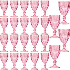 24 Pack Vintage Wine Glasses, Plastic Reusable 12 Ounce Colored Water Goblets, Unique Embossed Pattern Unbreakable Stemmed Wine Glasses High Clear Wedding Party Bar Drinking Cups Pink