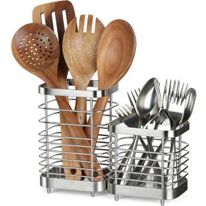Utensil Holder, Stainless Steel Utensil Drying Rack for Kitchen Counter, Silverware Cutlery Flatware Holder Forks, Knives, Spoons, Chopsticks Organizer (Tall & Short, Silver)