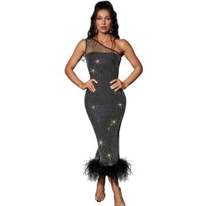 Sexy Maxi Formal Dresses for Women Wedding Guest Elegant Sparkly Rhinestone Ankle Length Long Dress (Medium, B01 Black)