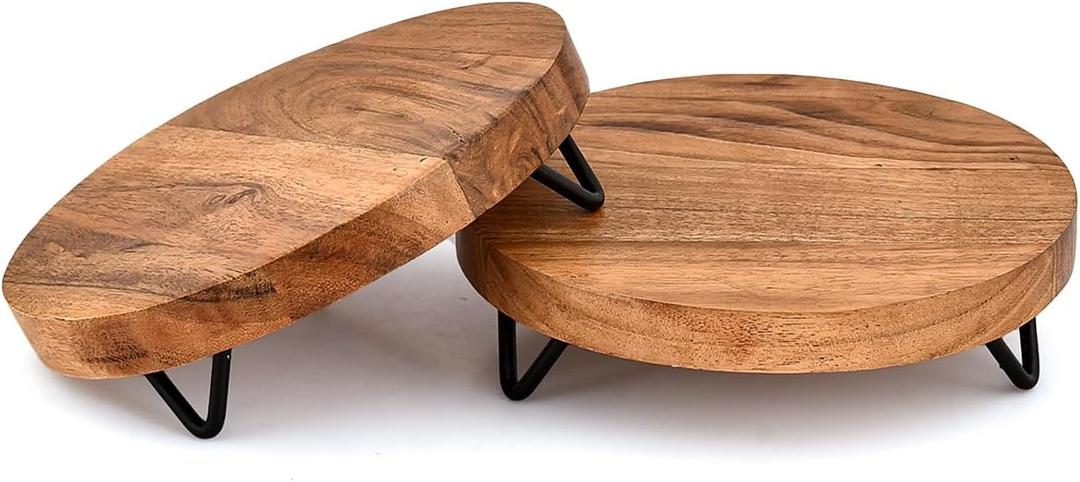 Kimona Pedestals Iron & Acacia Wood Multi-Purpose Display Pedestal, Riser Board for Soap, Perfume, Candles for Home, Patio & Garden (6" x 6" x 1.5"), (Set of 2)