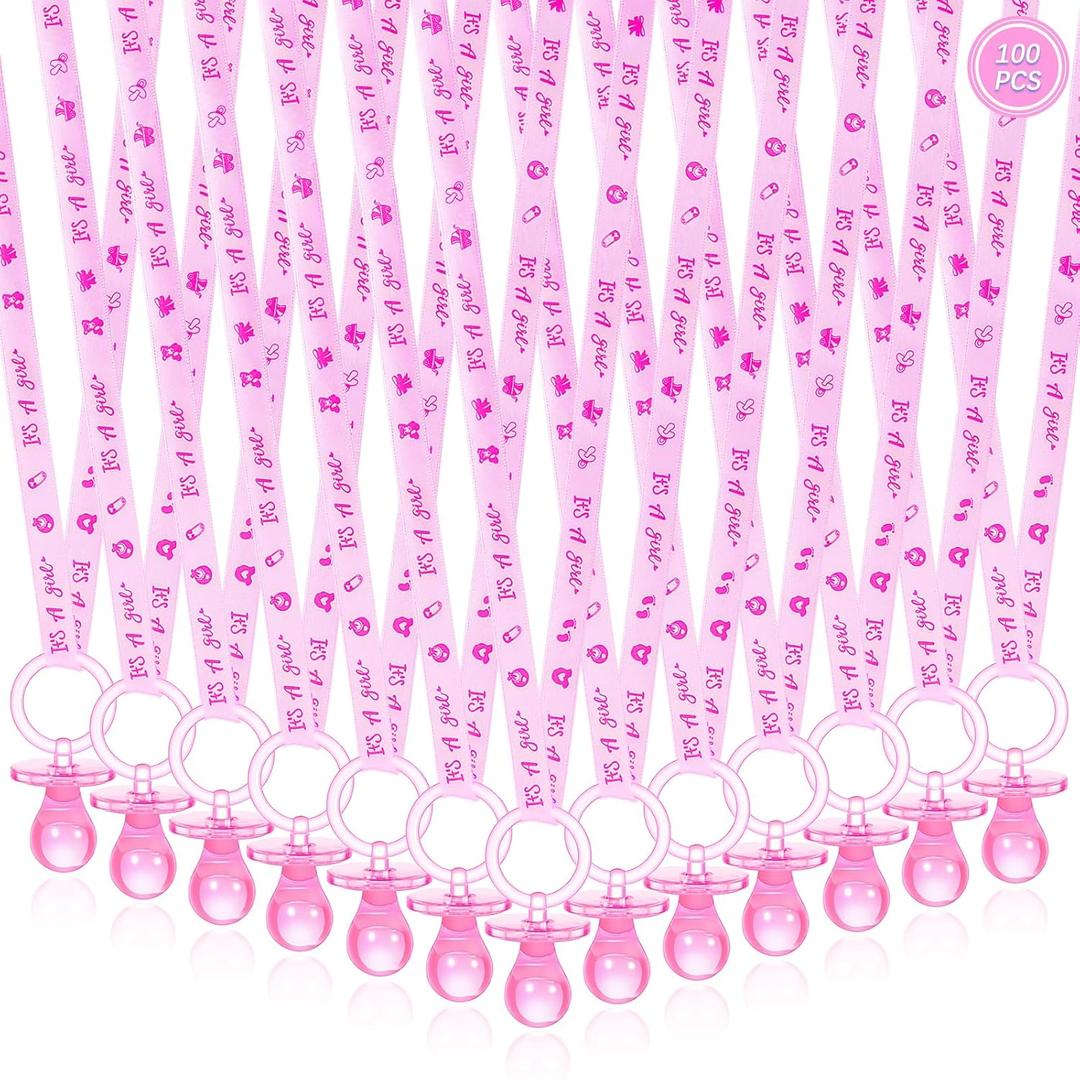 100 Pieces Baby Shower Pacifiers Necklace, Cute Acrylic Pacifier Necklaces for Chupones para Baby Shower Games Charm, Party Favors, Decorations DIY, Gender Reveal Table Scatter(Pink)