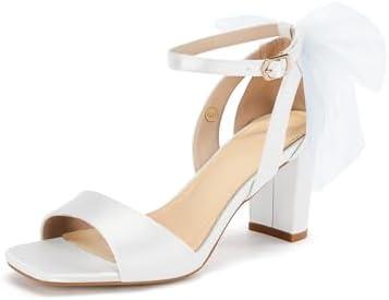 Coutgo Women's Bow Tie Heeled Sandals Chunky Heels One Strap Satin Ankle Buckle Dress Wedding Shoes 8