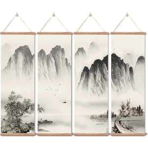 Landscape Painting,Chinese Ancient Architecture Posters and Prints,traditional Ink Decor,Wall Art Black and White for Living Room Bedroom,4 Piece Set Fixed Wooden Hanging Scroll (landscape, 12x36x4piece)