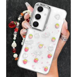 Toycamp for Samsung Galaxy S25 Case, for Samsung Galaxy S24 Cases - for Women Girls Cute Clear Sparkly Girly Kawaii 3D Strawberry Design with Charm Strawberries Wrist Chain Aesthetic Teens Phone Cover
