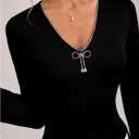 Women's Sparkly Rhinestone V Neck T Shirt Bell Long Sleeve Fitted Going Out Tops (Black, L)