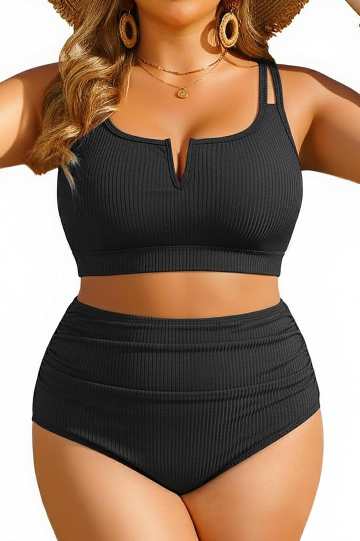 Women Plus Size High Waisted Bikini - Ribbed Two Piece Swimsuit Tummy Control Bathing Suit V-Wired 2025 Swimwear (Medium, Black)