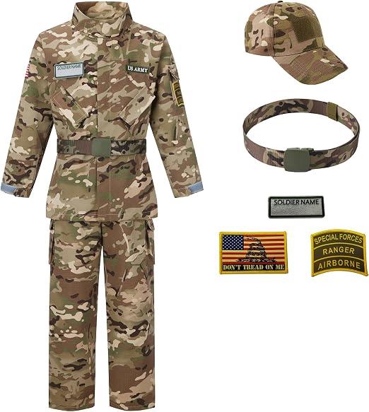 Army Costume for Boys,Kids Military Soldier Costume 7 Pcs Army Uniform Set with Hat Belt Patches,Kids Military Camouflage Outfit Dress Up for Halloween Role Play, Large