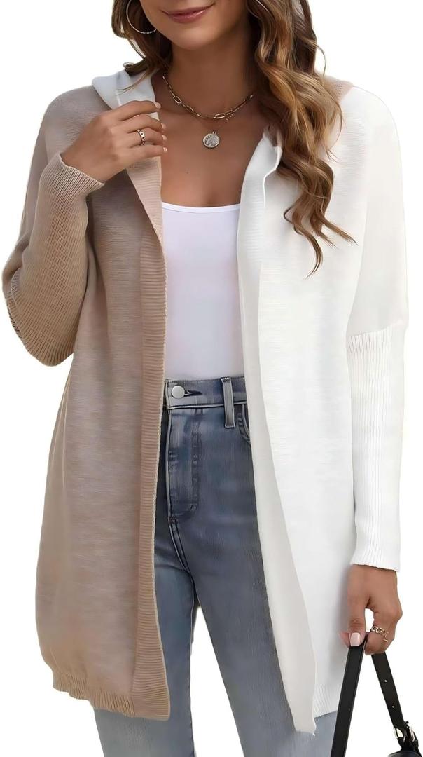 Womens Hooded Long Cardigan Color Block Open Front Knit Cardigan Oversized Lightweight Knit Sweater Outwear (L)