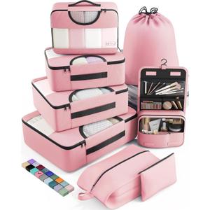 8 Set Packing Cubes for Travel Essentials, Pink Suitcase Organizer Bags in 4 Sizes, Carry-On Luggage Accessories with Large Laundry & Hanging Toiletry Bag, Must-Have for Airplane, Road Trip