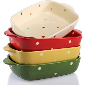 AVLA Set of 4 Ceramic Small Casserole Dishes, 7"x5" Porcelain Roasting Lasagna Pan, Individual Casserole Dishes Bakeware with Handle Rectangular Dish, Ceramic Baking Dish for Oven, 20 Oz, Polka Dot, Assorted Color