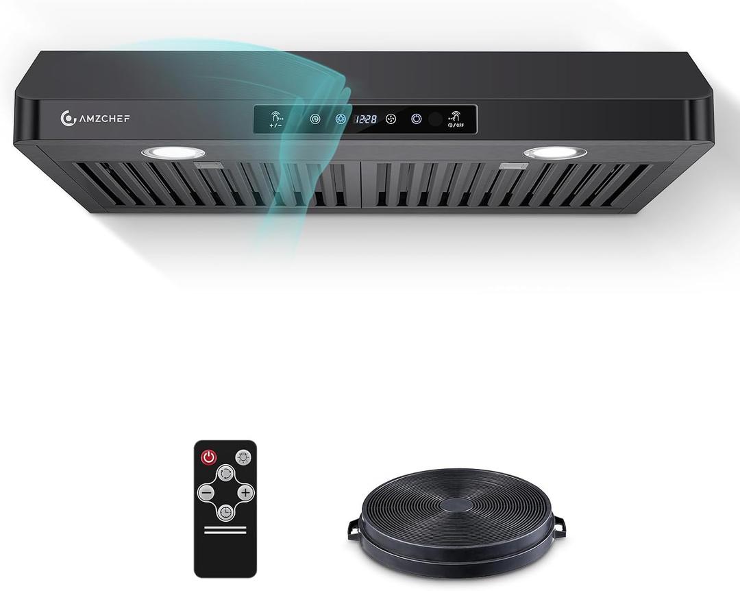 AMZCHEF 30" Under-Cabinet Range Hood, 750 CFM Black Kitchen Vent | Stainless Steel hood with Touch/Remote/Gesture Control, timer, LED lights & dishwasher-safe baffle filters 3 outlets
