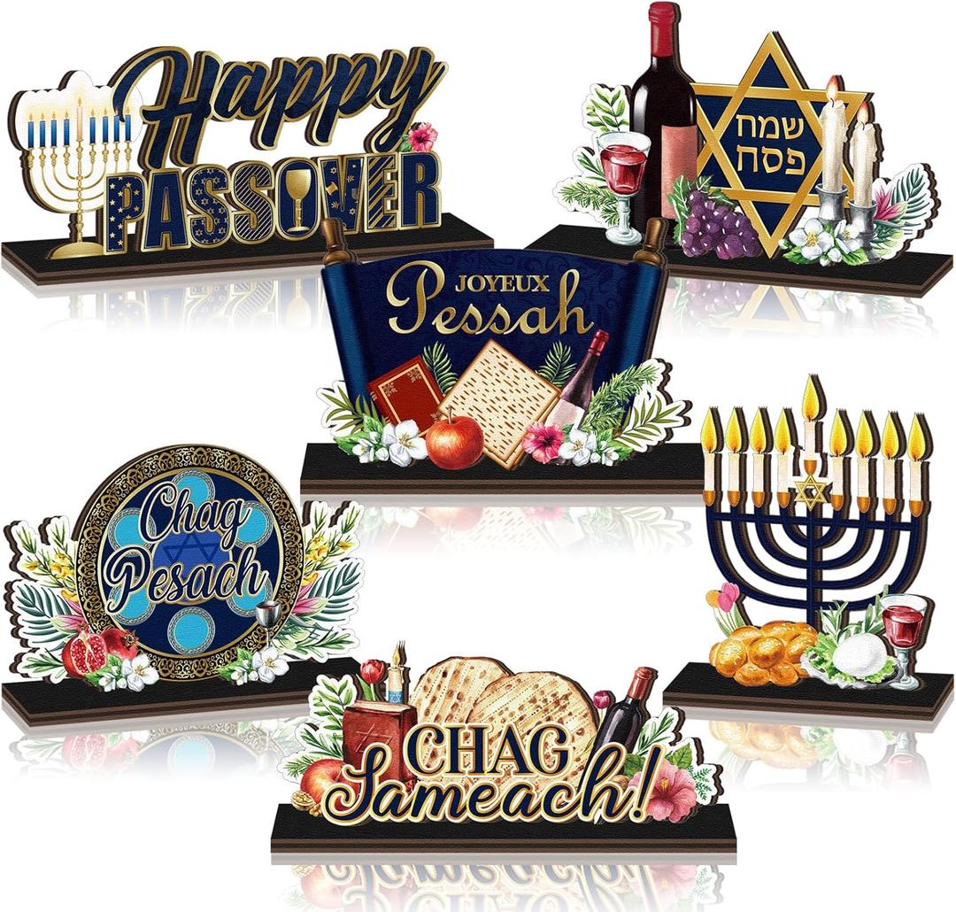 CroBlissful 6 Pcs Passover Table Decorations Signs Wooden Chag Sameach Tabletop Centerpiece Holiday Tiered Tray Table Toppers for Pesach Seder Jewish Home Office Desk Decor Party Supplies