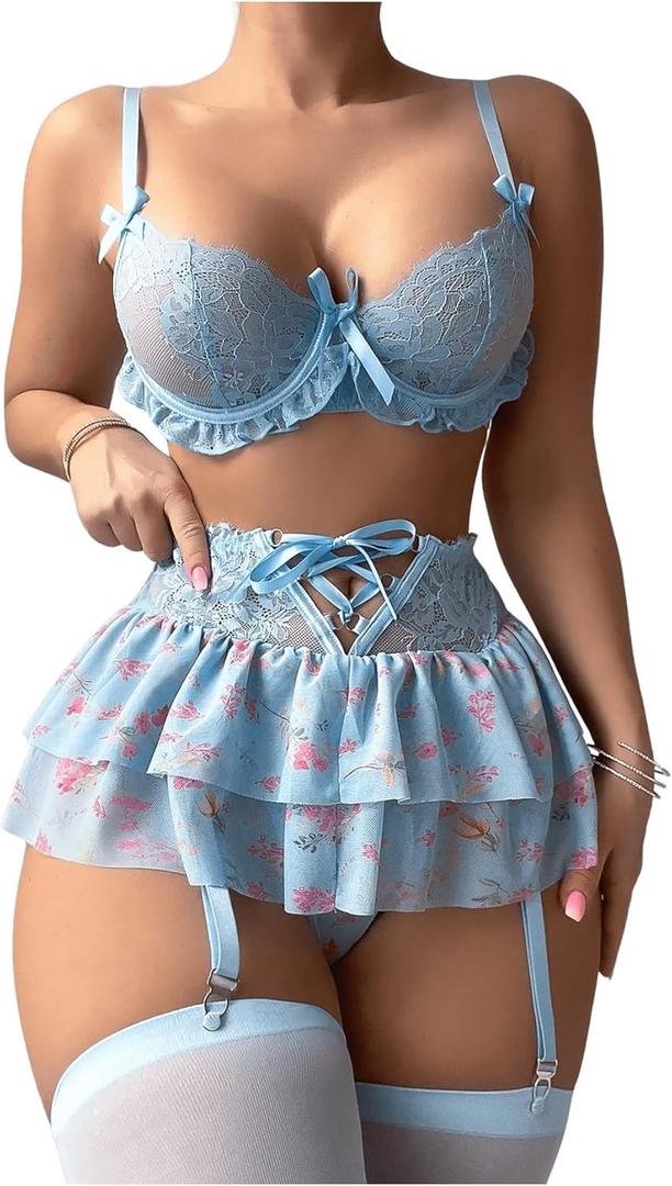 Women's 5 Piece Lingerie Set Floral Lace Bow Garter Underwire Babydoll Lingerie Skirt with Stockings (no size)