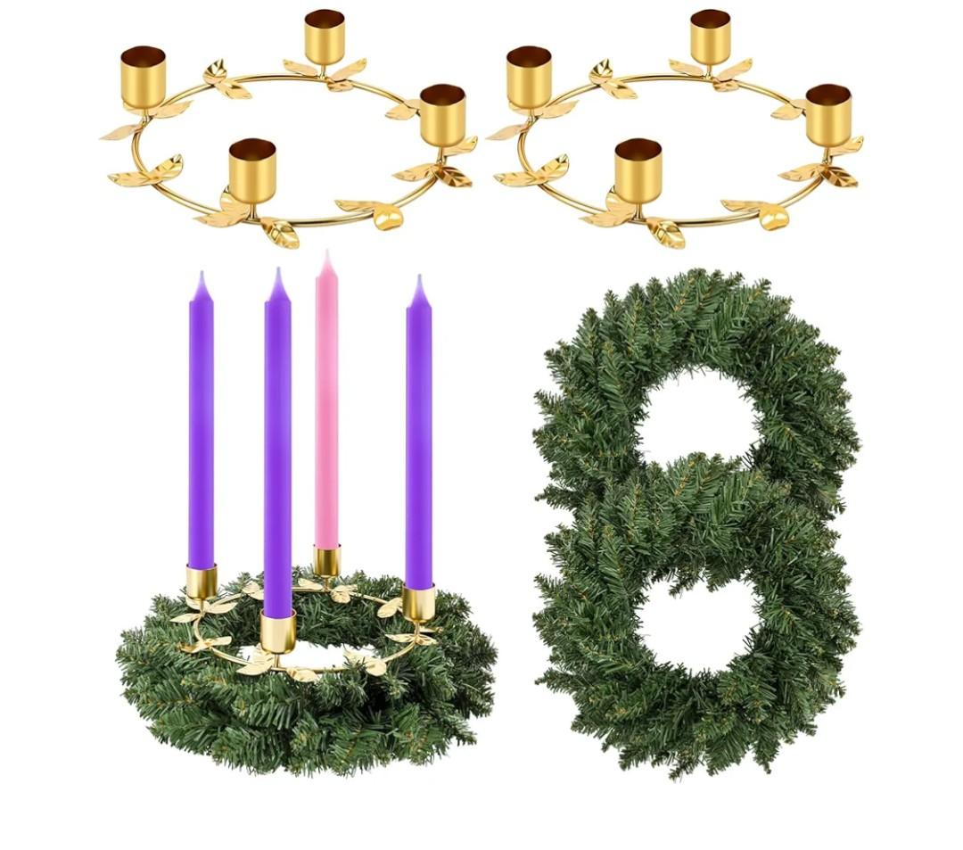 Acellegic 2 Pcs Christmas Advent Wreath Candle Holder Norfolk Pine Needle Wreath with 2 Gold Ring Candle Holder for Table Centerpiece Decoration Church Home Winter Holidays