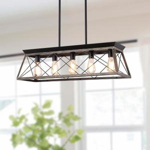 5-Light Pendant Lights Fixture, Farmhouse Chandeliers for Dining Room, Rustic Island Lights for Kitchen, Rectangular Chandelier Rustic Farmhouse Light Fxiture Gold&Black, 31.5" x 8.6" x 34.5"