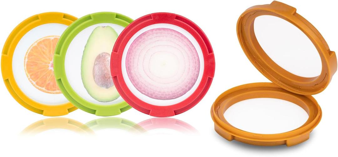 4Pcs Onion Storage Avocado Saver Holder, Lemons Garlic Tomato Peper Fruit Vegetable Container for Fridge (4PCS: Red+Yellow+Brown+Green)