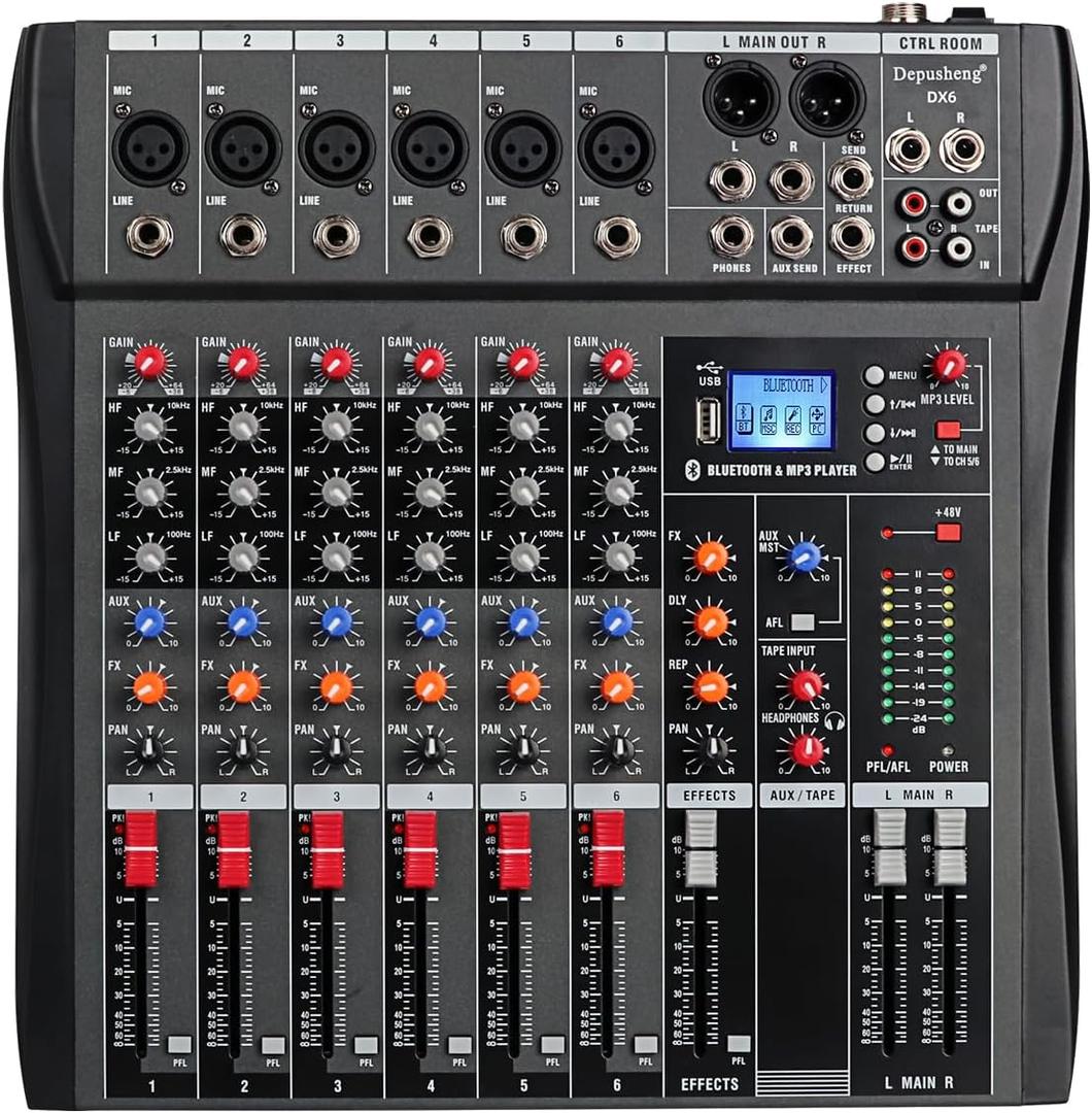 Depusheng DX6 Professional Mixer Sound Board Console 6 Channel Desk System Interface Digital USB MP3 Input 48V Phantom Power Stereo DJ Studio FX Steel Chassis,Black Bluetooth USB Audio Mixer for PC