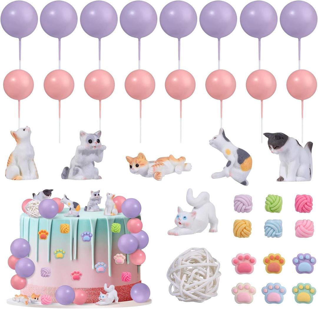 RAYNAG 35 Pieces Cat Cake Topper Cat Birthday Decorations Realistic Cat Figurines Cat Party Decorations Cat Paw Cake Toppers for Cat Themed Birthday Party Decorations Cat Lovers Desk Home Decorations
