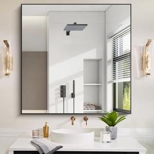 COFENY Black Bathroom Mirror for Wall, 42x42 Inch Wall Mounted Rectangle Mirrors with Metal Frame, Large Modern Vanity Wall Square Mirror for Bathroom Living Room, Entryway
