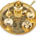 Brass Pooja Thali Set 8 Inch with Pital Plate Kalash Spoon Diya Bowl Dhup Dan Ghanti Kappur Arti Daily Puja Thali for Diwali Home Mandir Office Wedding Return Gift Items