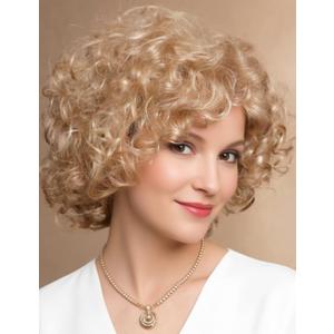 TISHINING Short Blonde Curly Wigs for White Women with Bangs Full Bouncy Curly Mixed Blonde Synthetic Short Hair Wigs for Women Natural Looking Heat Hair Replacemnet Wig