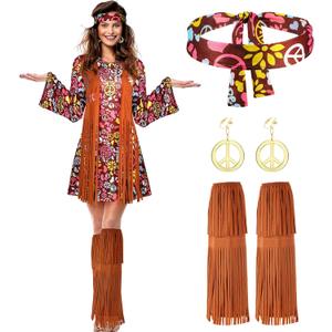 SATINIOR 70s 60s Hippie Costume Set 70s Outfits Accessories Women Disco Dress for Halloween (Adult Size (X-Large))