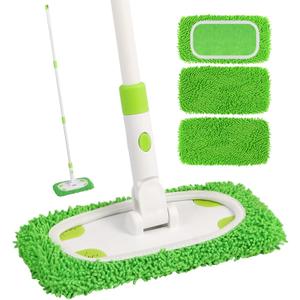 Reusable Microfiber Floor Mop System, Wet & Dry Sweeper Kit, Includes 1 Sweeper Handle, 3 Washable Chenille Mop Pads, Dry & Wet Use for Hardwood, Tile, and Laminate Floor, Green