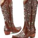 Western Cowboy Boots with Comfortable Calf Black Cowgirl Boot Women Sparkly Rhinestone Wedding Boots Trendy Vintage Tall Glitter Boot with Embroidery and Chunky Heel for Daily Wearing|Office|Party (7, Brown)